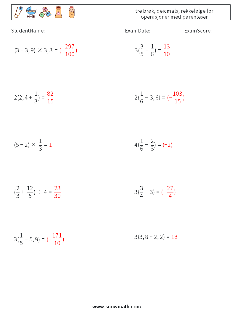 (10) tre brøk, deicmals, rekkefølge for operasjoner med parenteser MathWorksheets 16 QuestionAnswer