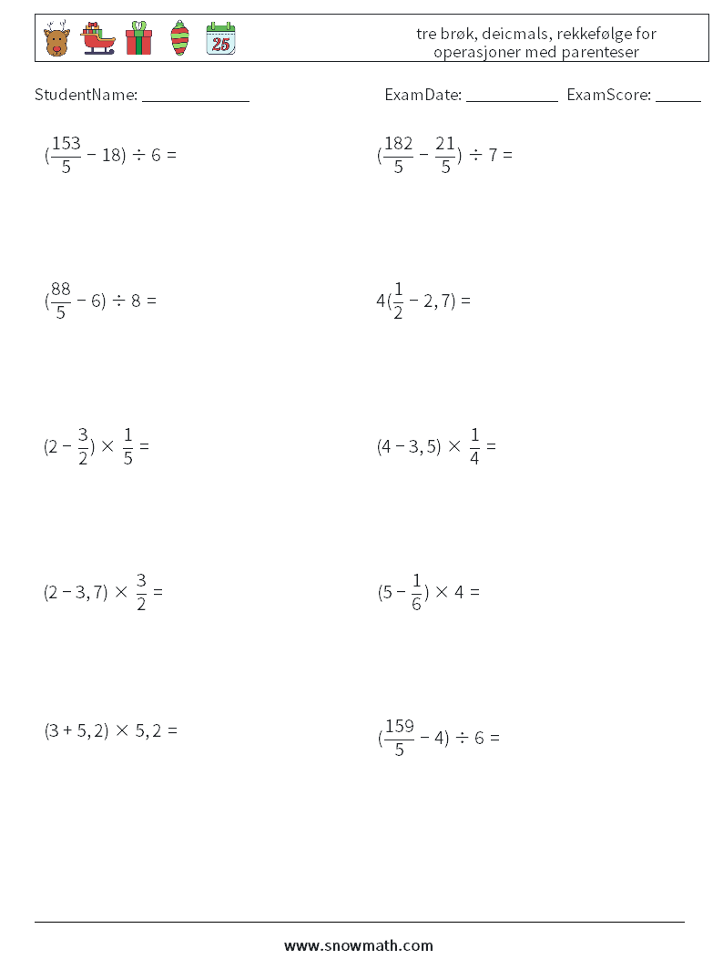 (10) tre brøk, deicmals, rekkefølge for operasjoner med parenteser MathWorksheets 17