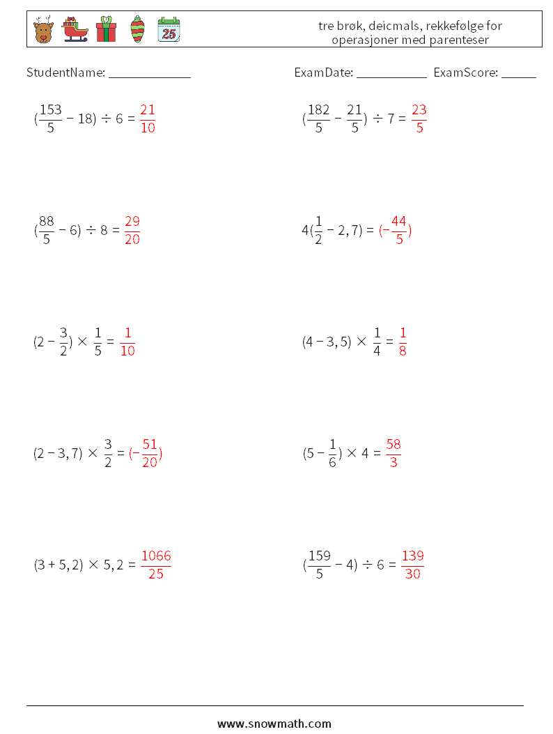 (10) tre brøk, deicmals, rekkefølge for operasjoner med parenteser MathWorksheets 17 QuestionAnswer