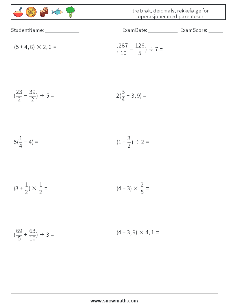 (10) tre brøk, deicmals, rekkefølge for operasjoner med parenteser MathWorksheets 18