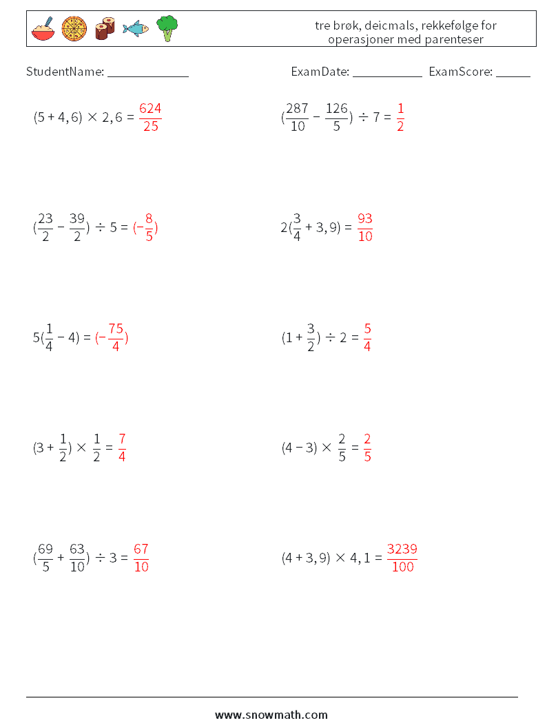 (10) tre brøk, deicmals, rekkefølge for operasjoner med parenteser MathWorksheets 18 QuestionAnswer