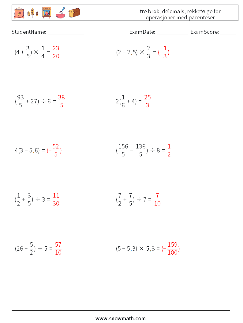 (10) tre brøk, deicmals, rekkefølge for operasjoner med parenteser MathWorksheets 1 QuestionAnswer