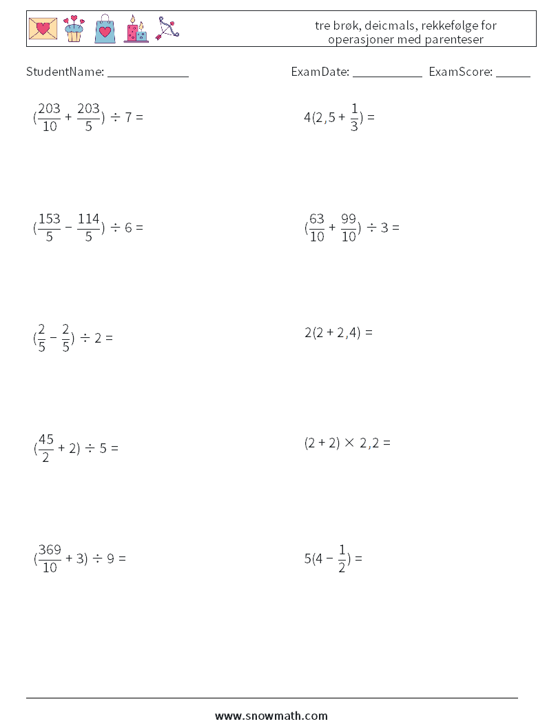 (10) tre brøk, deicmals, rekkefølge for operasjoner med parenteser MathWorksheets 2