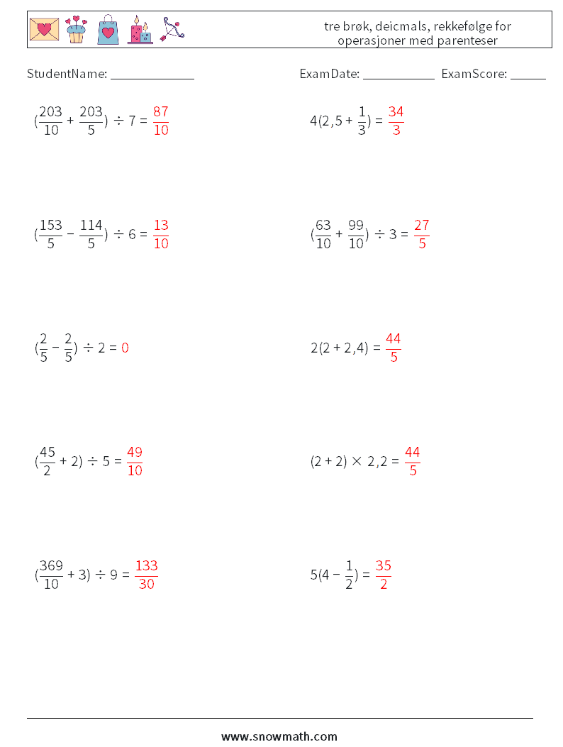 (10) tre brøk, deicmals, rekkefølge for operasjoner med parenteser MathWorksheets 2 QuestionAnswer