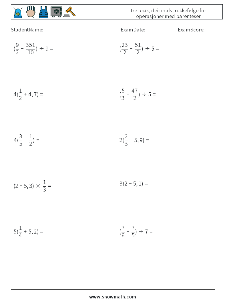 (10) tre brøk, deicmals, rekkefølge for operasjoner med parenteser MathWorksheets 3