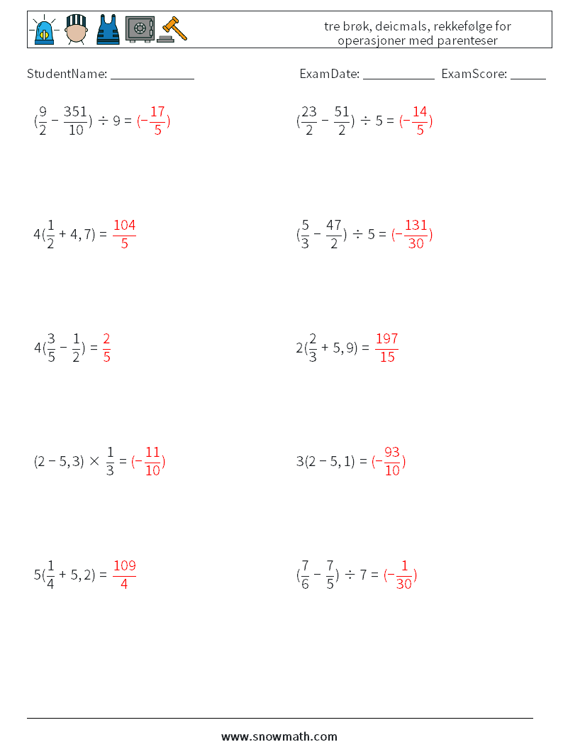 (10) tre brøk, deicmals, rekkefølge for operasjoner med parenteser MathWorksheets 3 QuestionAnswer