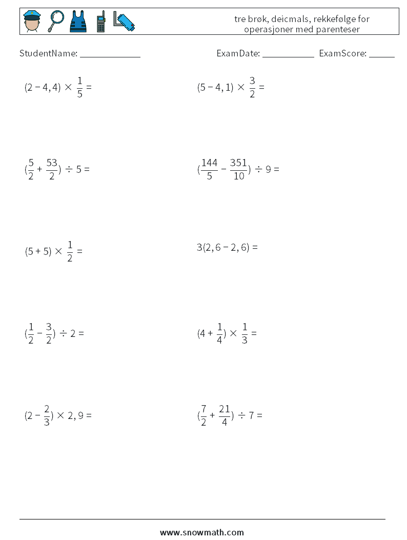 (10) tre brøk, deicmals, rekkefølge for operasjoner med parenteser MathWorksheets 4