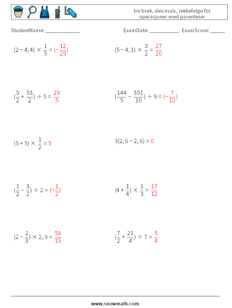 (10) tre brøk, deicmals, rekkefølge for operasjoner med parenteser MathWorksheets 4 QuestionAnswer