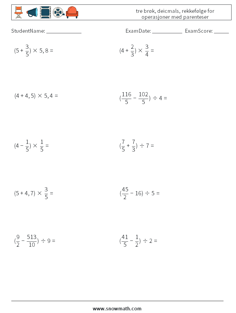 (10) tre brøk, deicmals, rekkefølge for operasjoner med parenteser MathWorksheets 5