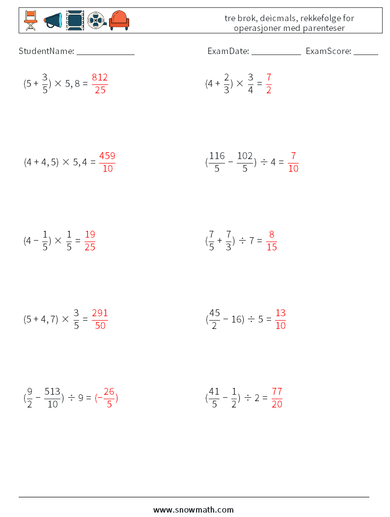 (10) tre brøk, deicmals, rekkefølge for operasjoner med parenteser MathWorksheets 5 QuestionAnswer