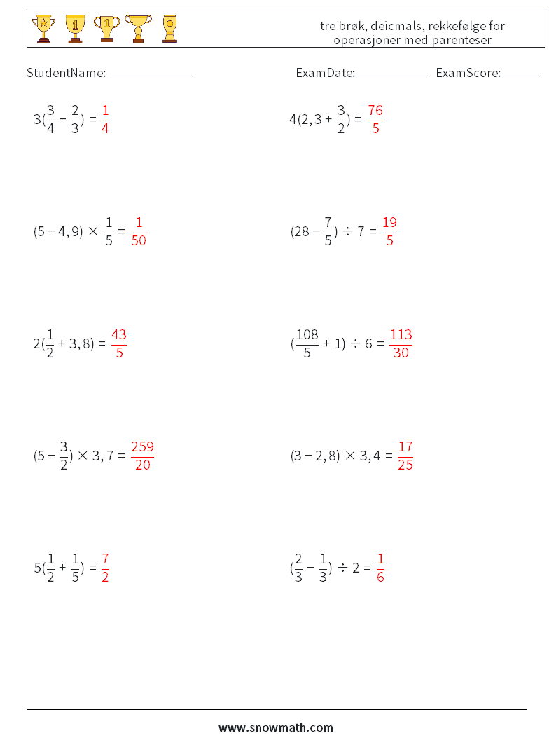 (10) tre brøk, deicmals, rekkefølge for operasjoner med parenteser MathWorksheets 6 QuestionAnswer