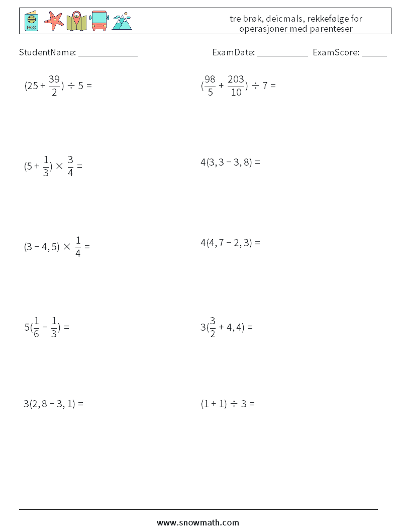 (10) tre brøk, deicmals, rekkefølge for operasjoner med parenteser MathWorksheets 7