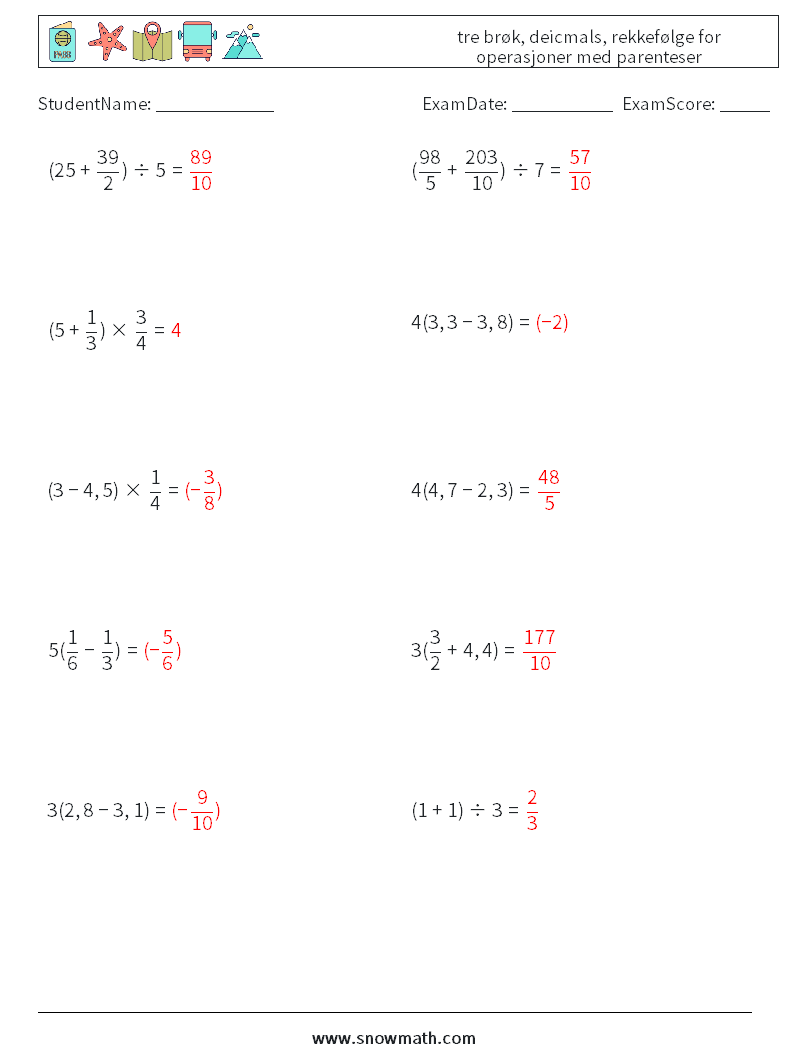 (10) tre brøk, deicmals, rekkefølge for operasjoner med parenteser MathWorksheets 7 QuestionAnswer