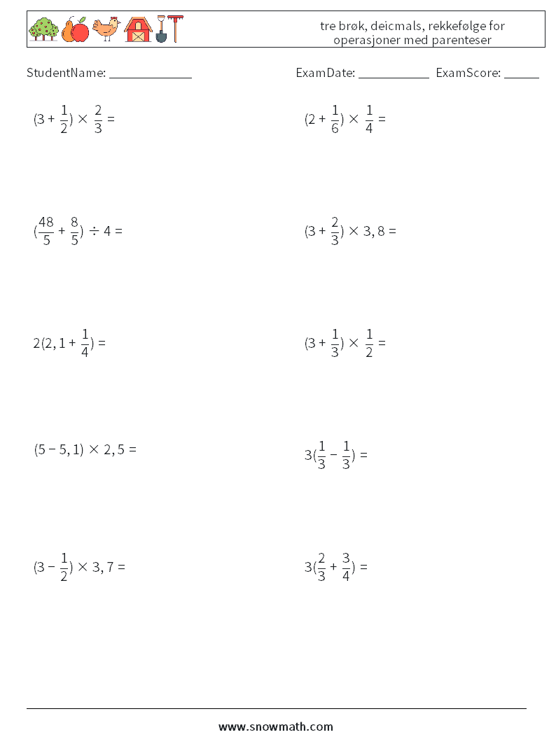 (10) tre brøk, deicmals, rekkefølge for operasjoner med parenteser MathWorksheets 8