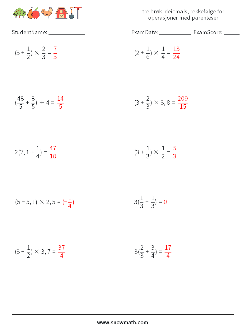 (10) tre brøk, deicmals, rekkefølge for operasjoner med parenteser MathWorksheets 8 QuestionAnswer