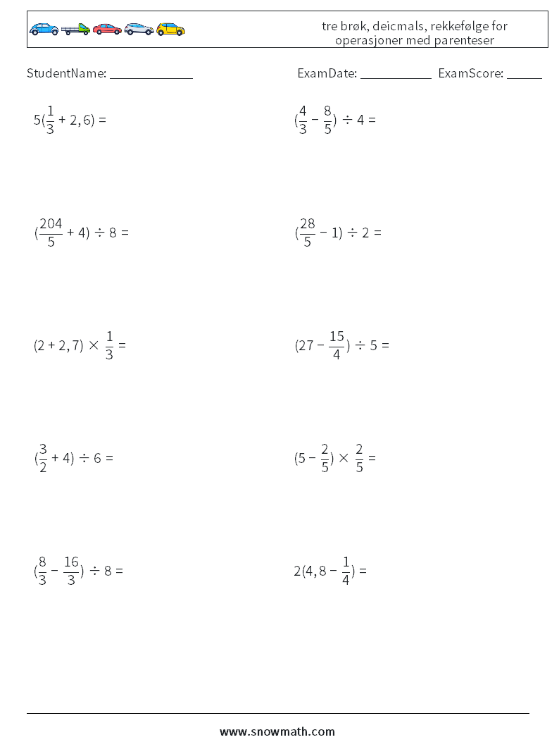 (10) tre brøk, deicmals, rekkefølge for operasjoner med parenteser MathWorksheets 9