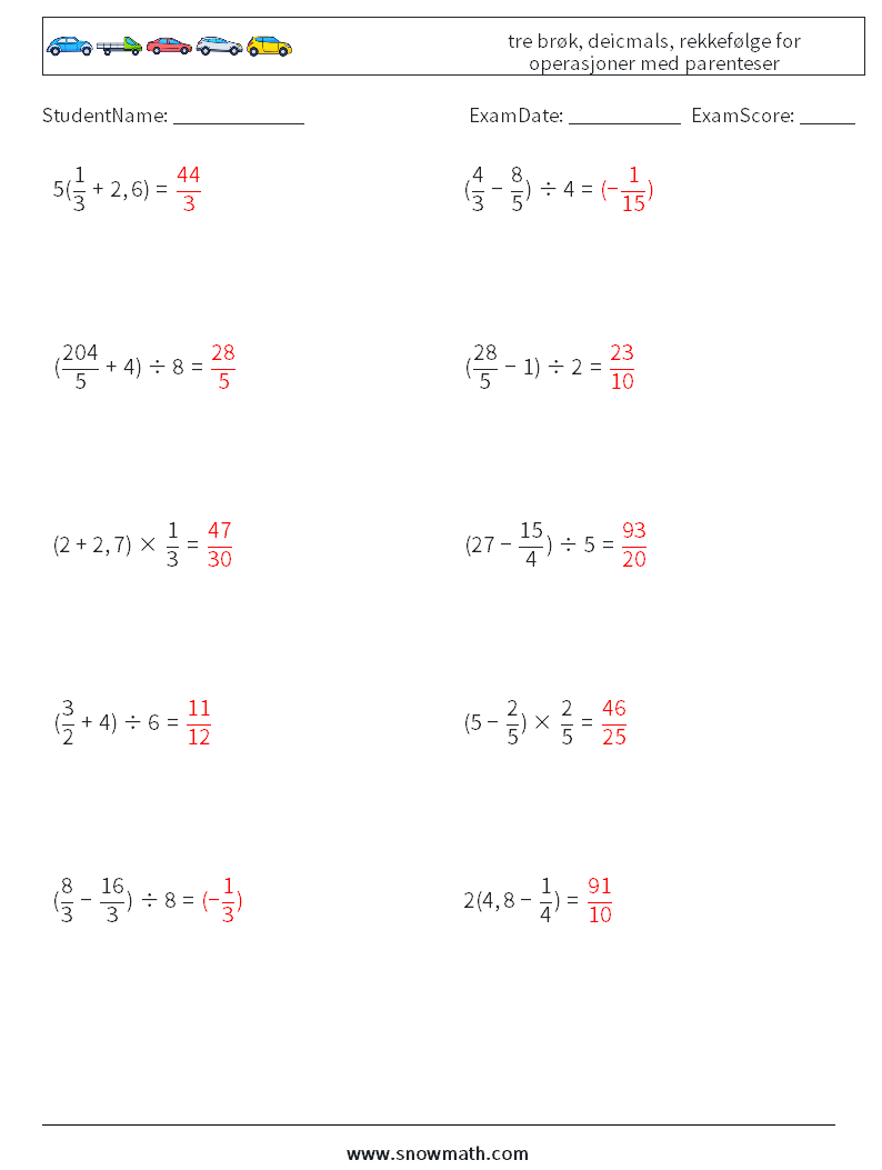 (10) tre brøk, deicmals, rekkefølge for operasjoner med parenteser MathWorksheets 9 QuestionAnswer