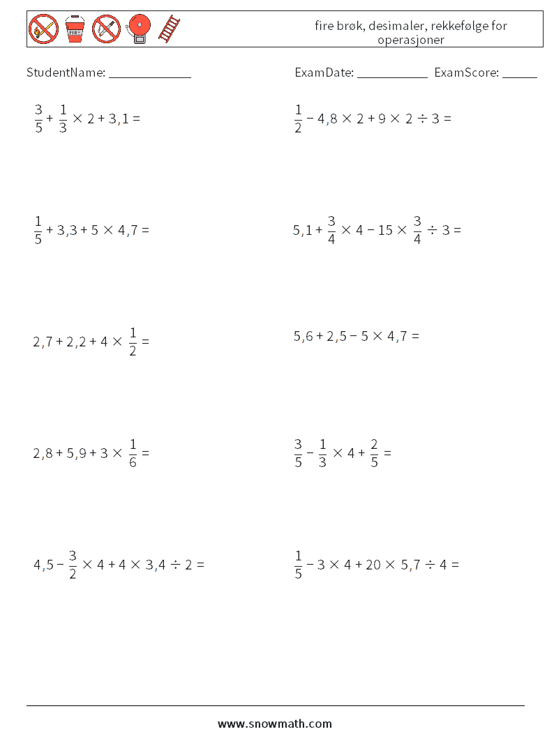 (10) fire brøk, desimaler, rekkefølge for operasjoner MathWorksheets 1