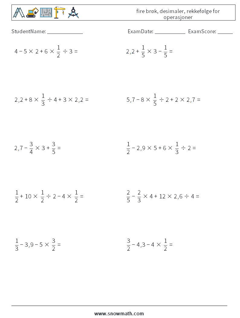 (10) fire brøk, desimaler, rekkefølge for operasjoner MathWorksheets 10