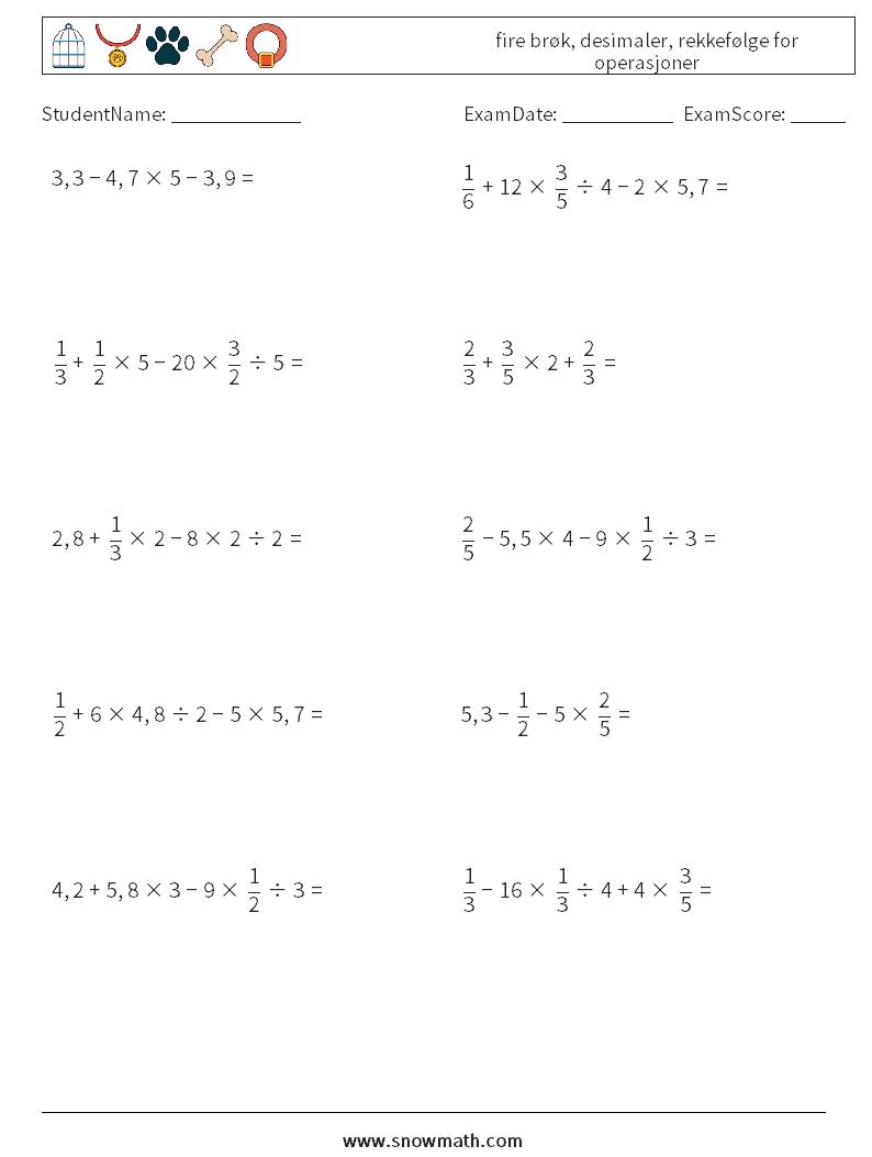 (10) fire brøk, desimaler, rekkefølge for operasjoner MathWorksheets 11