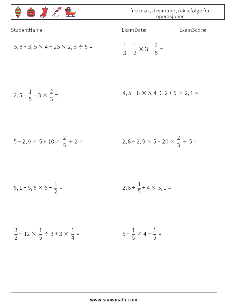 (10) fire brøk, desimaler, rekkefølge for operasjoner MathWorksheets 12