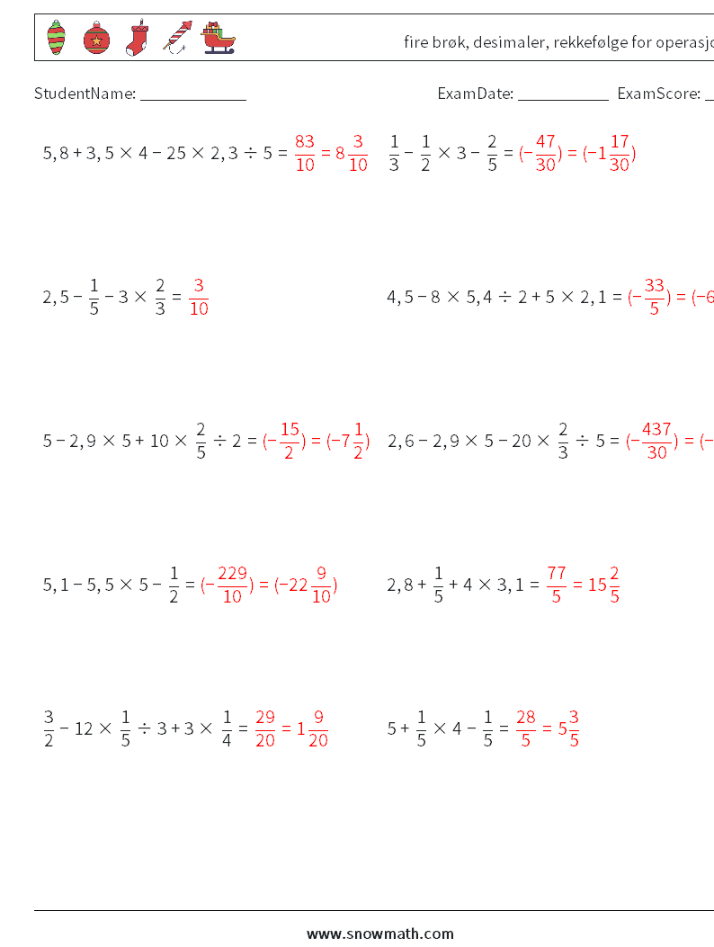 (10) fire brøk, desimaler, rekkefølge for operasjoner MathWorksheets 12 QuestionAnswer
