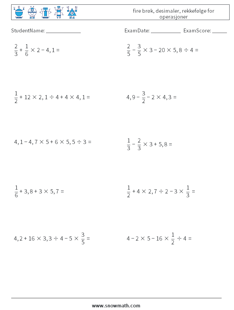 (10) fire brøk, desimaler, rekkefølge for operasjoner MathWorksheets 13