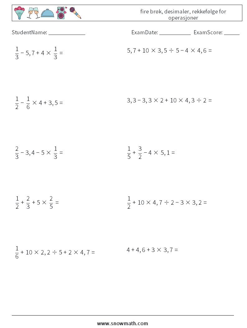 (10) fire brøk, desimaler, rekkefølge for operasjoner MathWorksheets 14