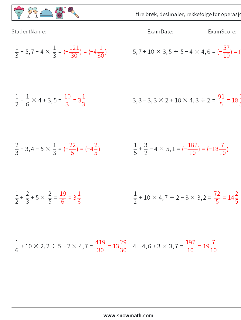 (10) fire brøk, desimaler, rekkefølge for operasjoner MathWorksheets 14 QuestionAnswer