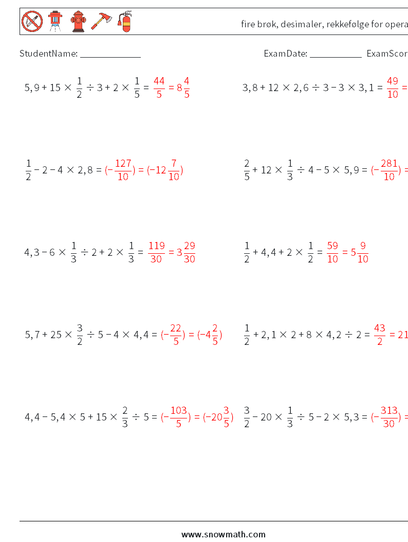 (10) fire brøk, desimaler, rekkefølge for operasjoner MathWorksheets 15 QuestionAnswer