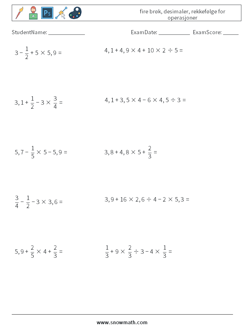 (10) fire brøk, desimaler, rekkefølge for operasjoner MathWorksheets 16