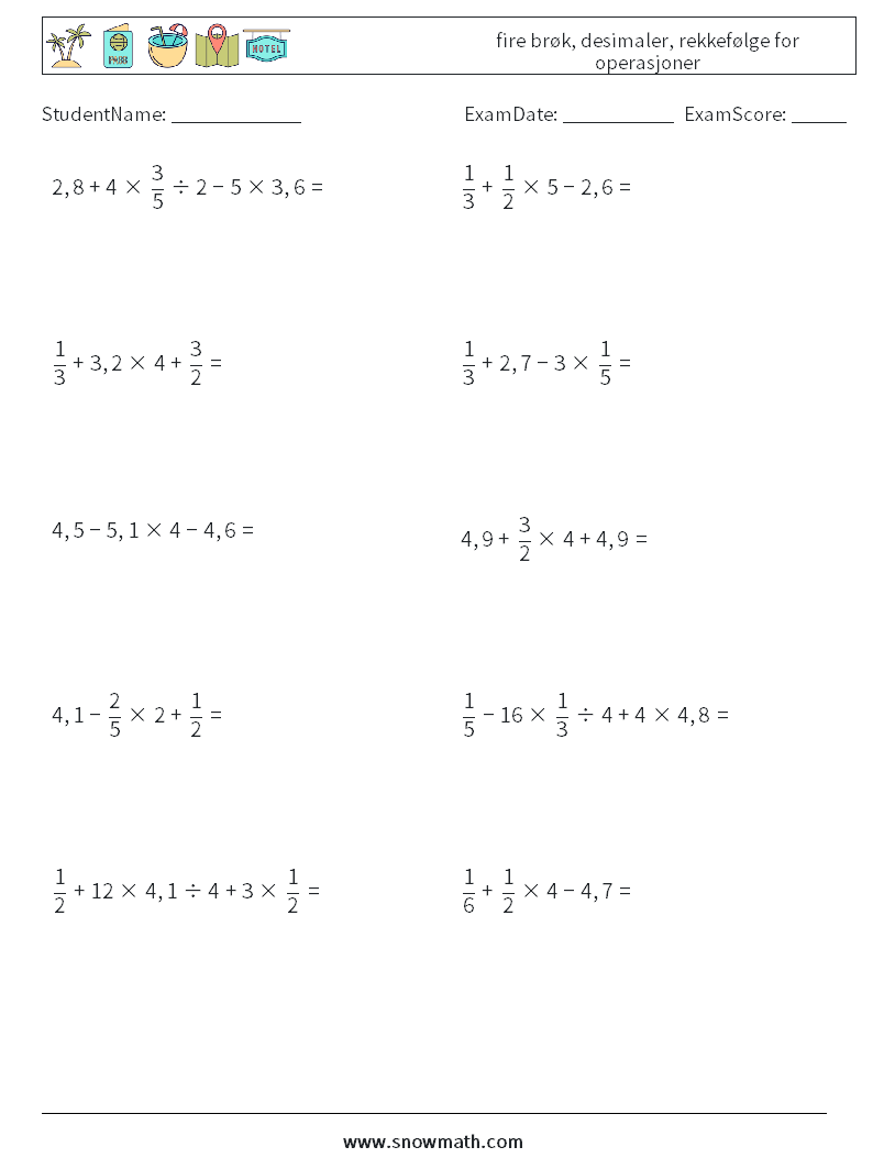 (10) fire brøk, desimaler, rekkefølge for operasjoner MathWorksheets 17