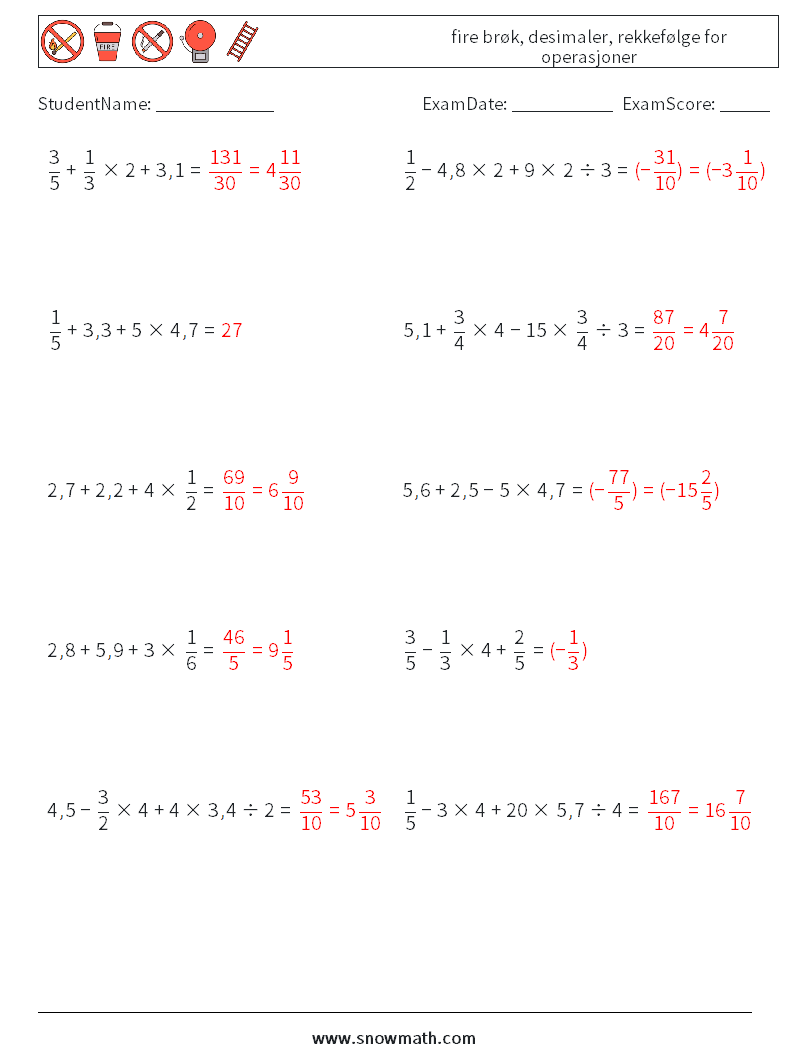 (10) fire brøk, desimaler, rekkefølge for operasjoner MathWorksheets 1 QuestionAnswer