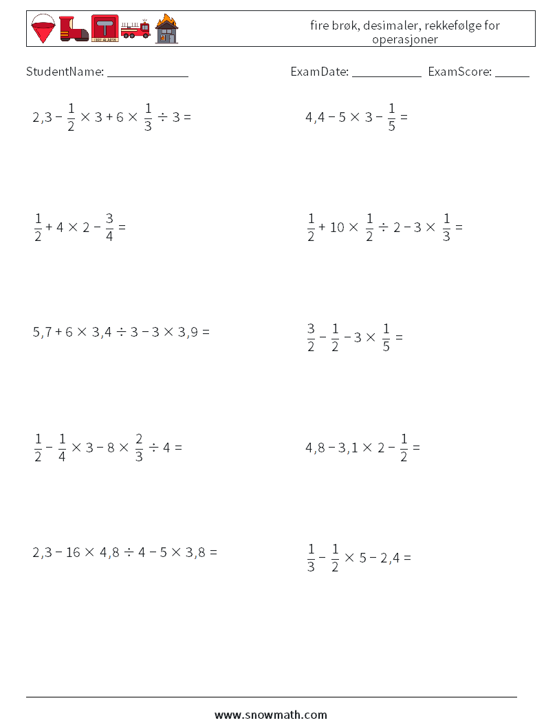(10) fire brøk, desimaler, rekkefølge for operasjoner MathWorksheets 2