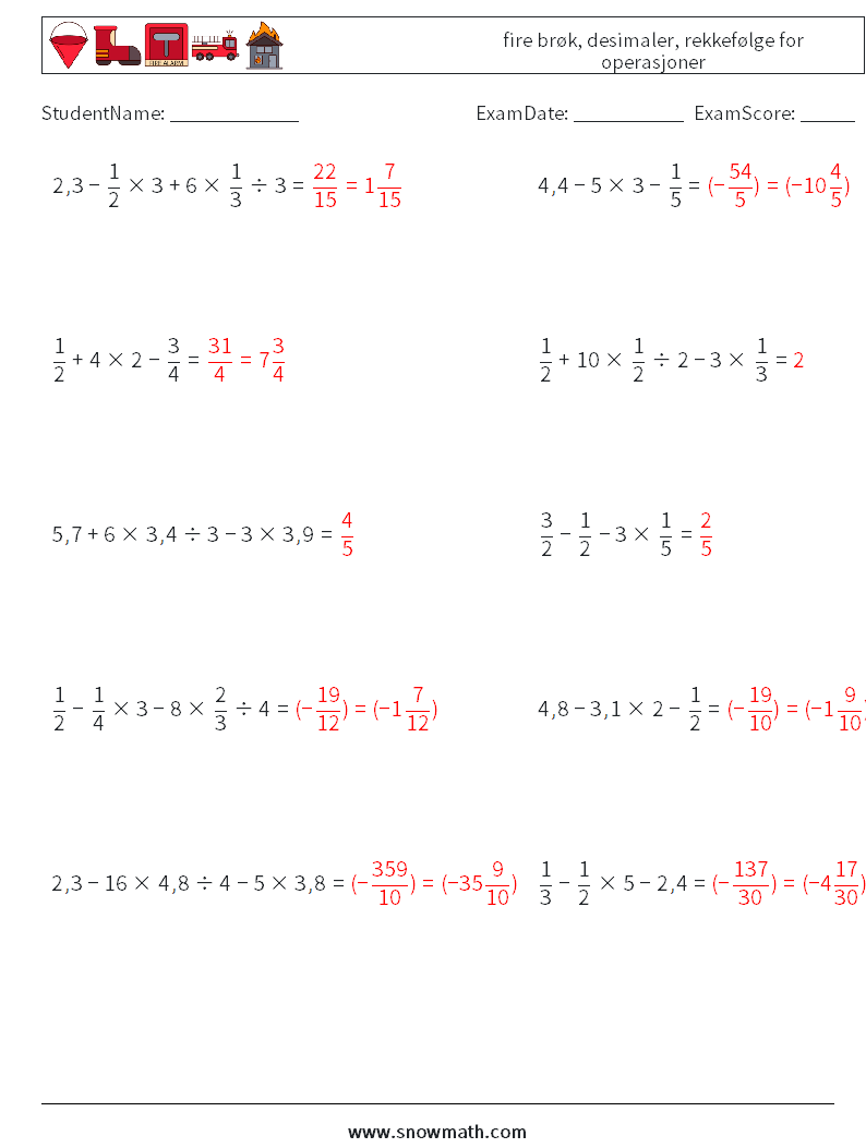 (10) fire brøk, desimaler, rekkefølge for operasjoner MathWorksheets 2 QuestionAnswer