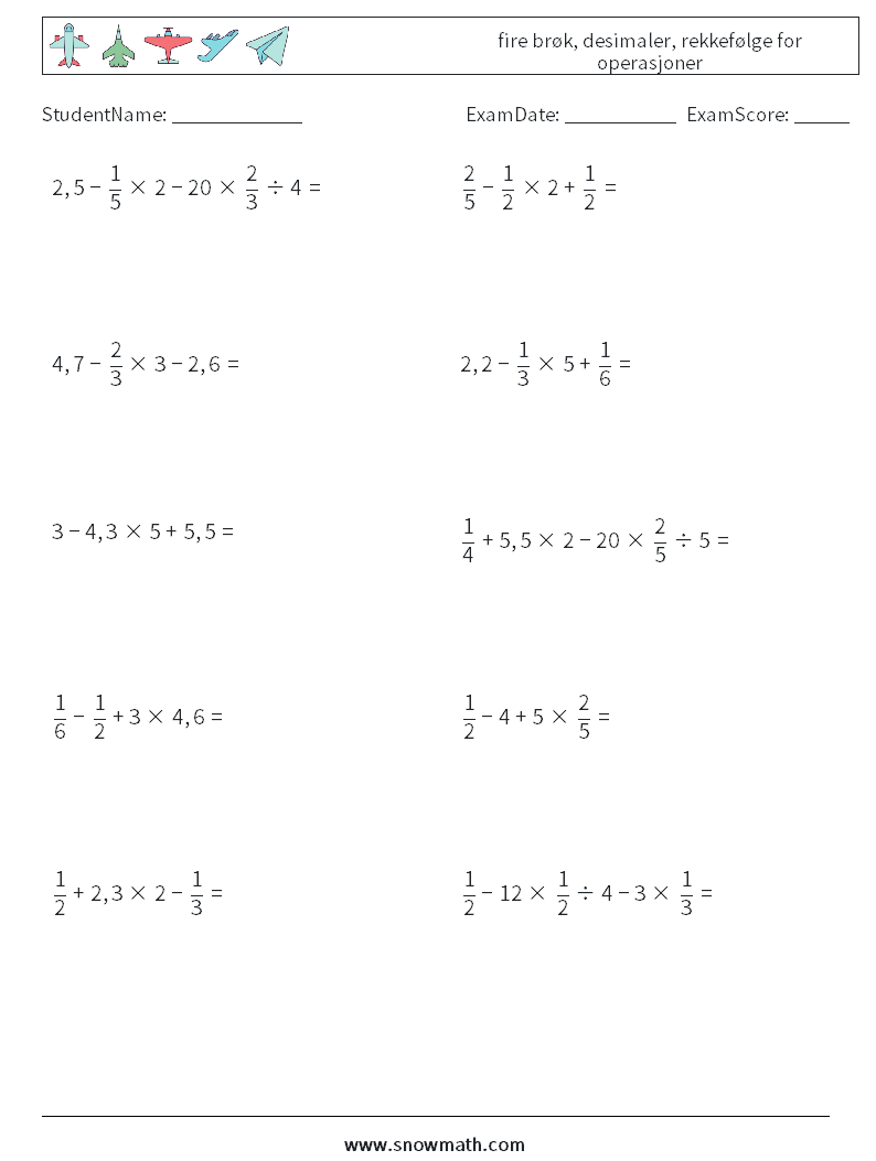 (10) fire brøk, desimaler, rekkefølge for operasjoner MathWorksheets 3