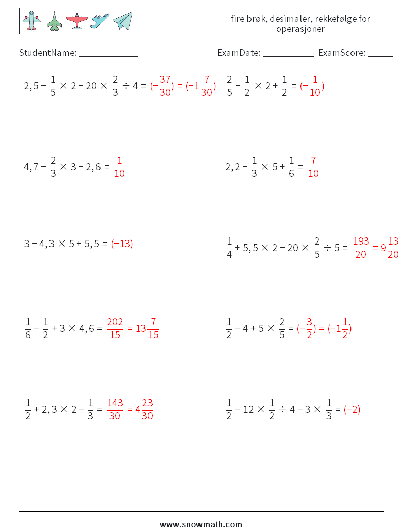 (10) fire brøk, desimaler, rekkefølge for operasjoner MathWorksheets 3 QuestionAnswer