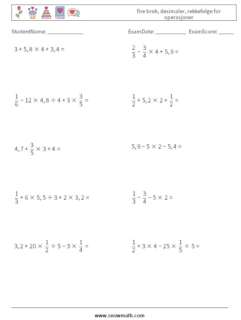 (10) fire brøk, desimaler, rekkefølge for operasjoner MathWorksheets 4