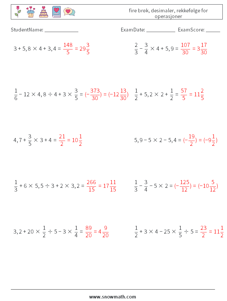 (10) fire brøk, desimaler, rekkefølge for operasjoner MathWorksheets 4 QuestionAnswer