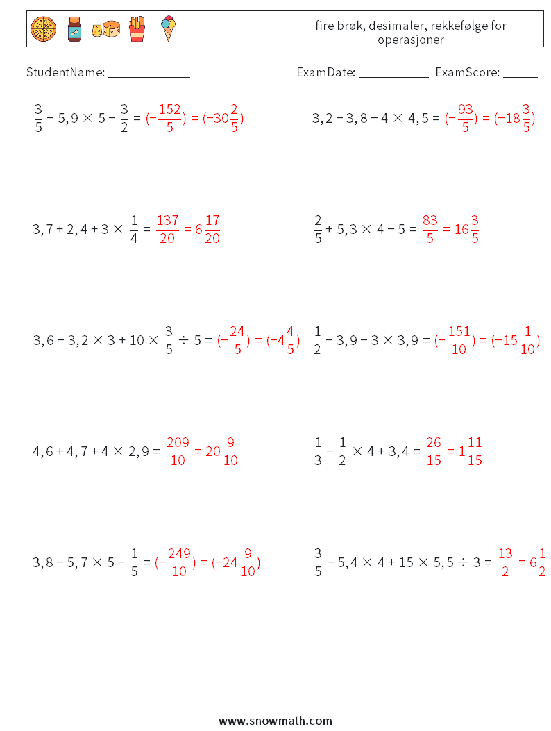 (10) fire brøk, desimaler, rekkefølge for operasjoner MathWorksheets 5 QuestionAnswer