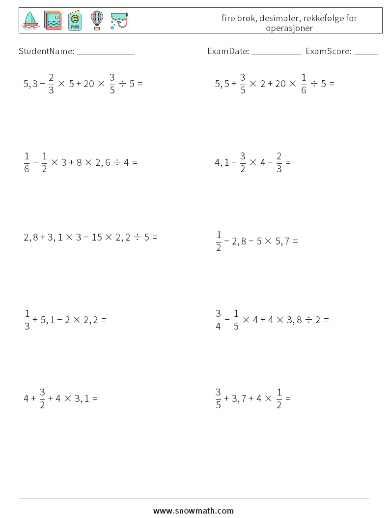 (10) fire brøk, desimaler, rekkefølge for operasjoner MathWorksheets 6