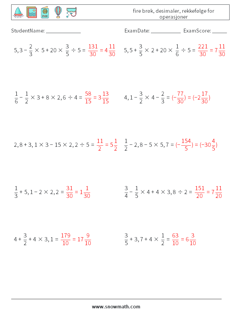 (10) fire brøk, desimaler, rekkefølge for operasjoner MathWorksheets 6 QuestionAnswer