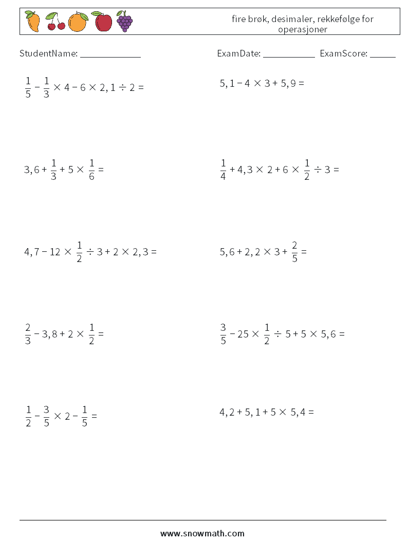 (10) fire brøk, desimaler, rekkefølge for operasjoner MathWorksheets 7