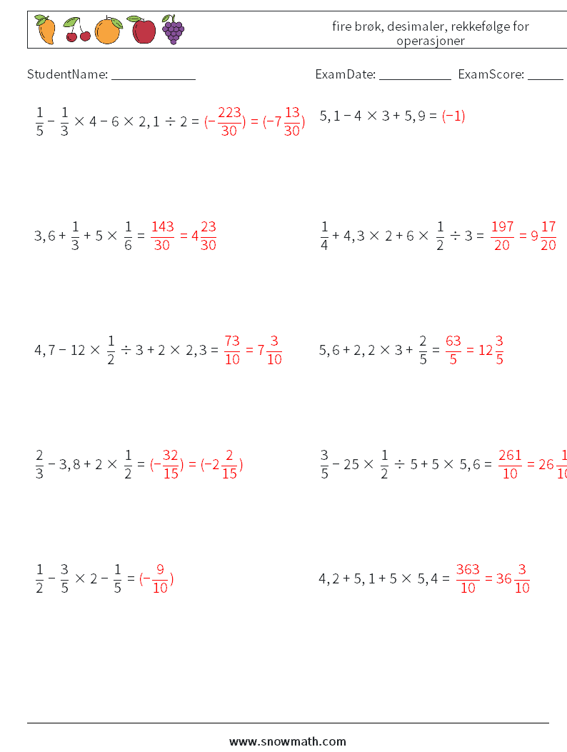 (10) fire brøk, desimaler, rekkefølge for operasjoner MathWorksheets 7 QuestionAnswer