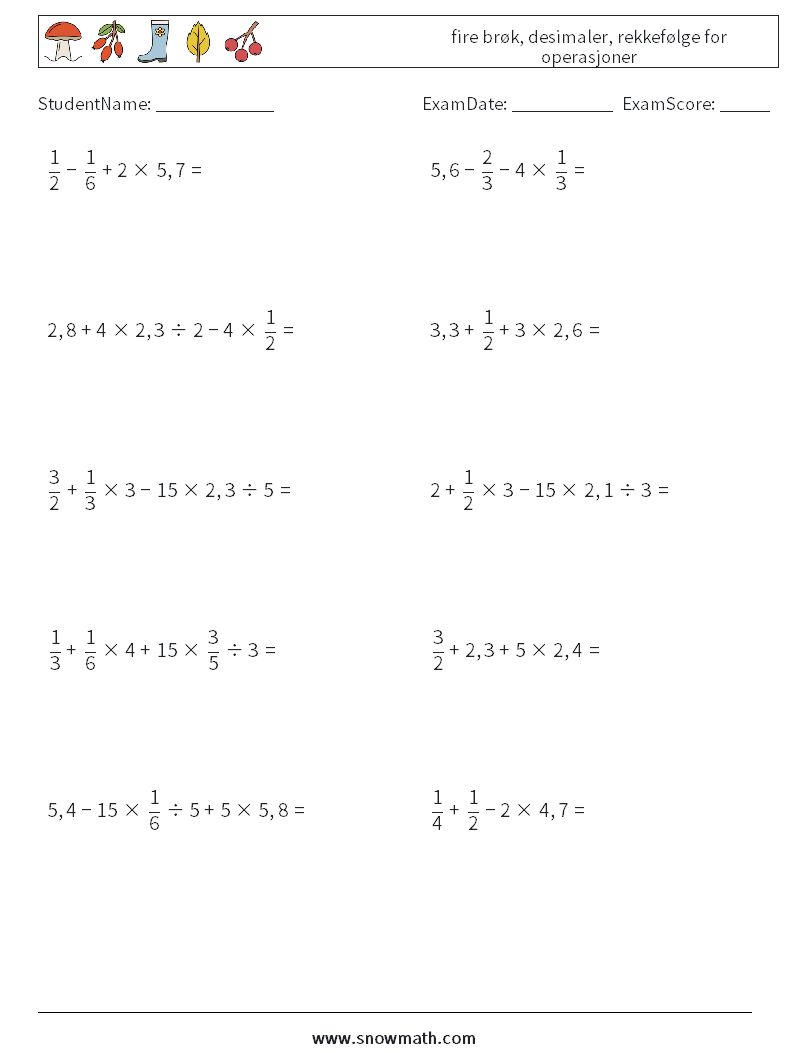 (10) fire brøk, desimaler, rekkefølge for operasjoner MathWorksheets 8