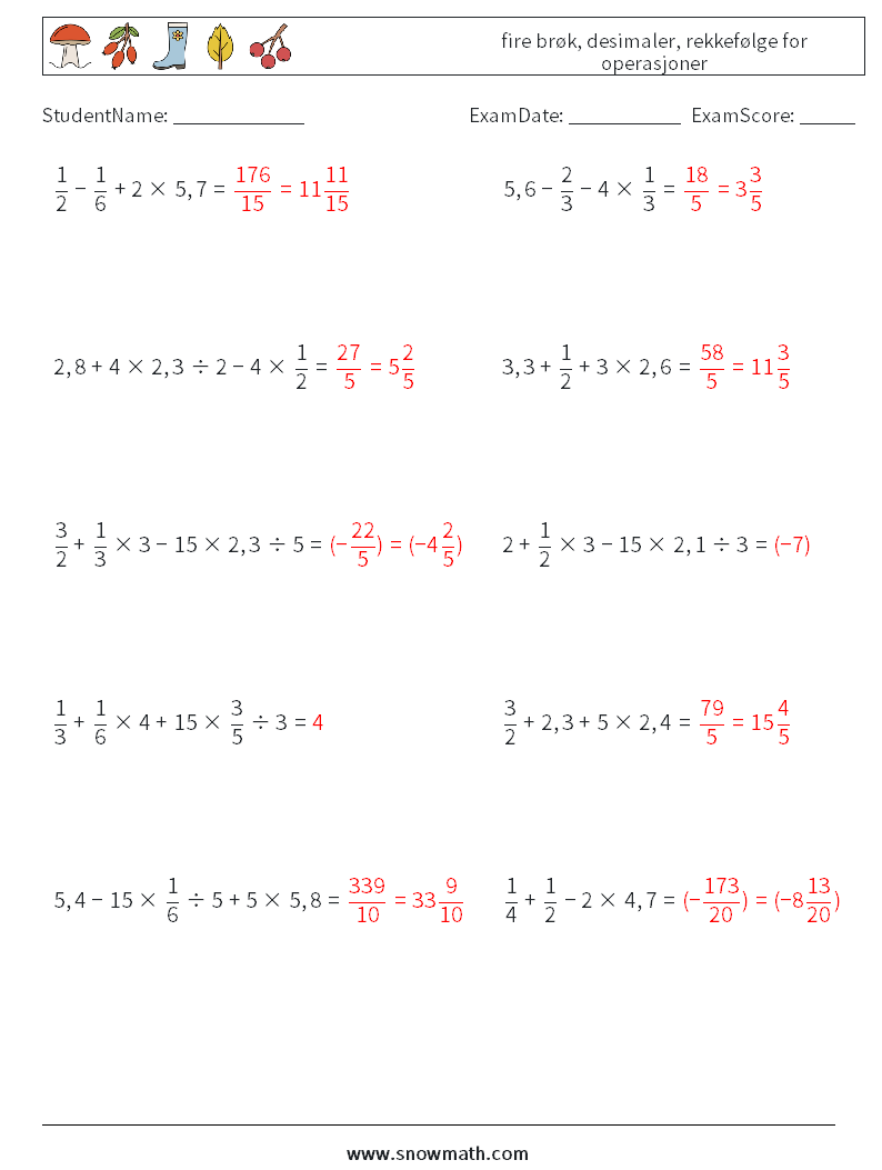 (10) fire brøk, desimaler, rekkefølge for operasjoner MathWorksheets 8 QuestionAnswer