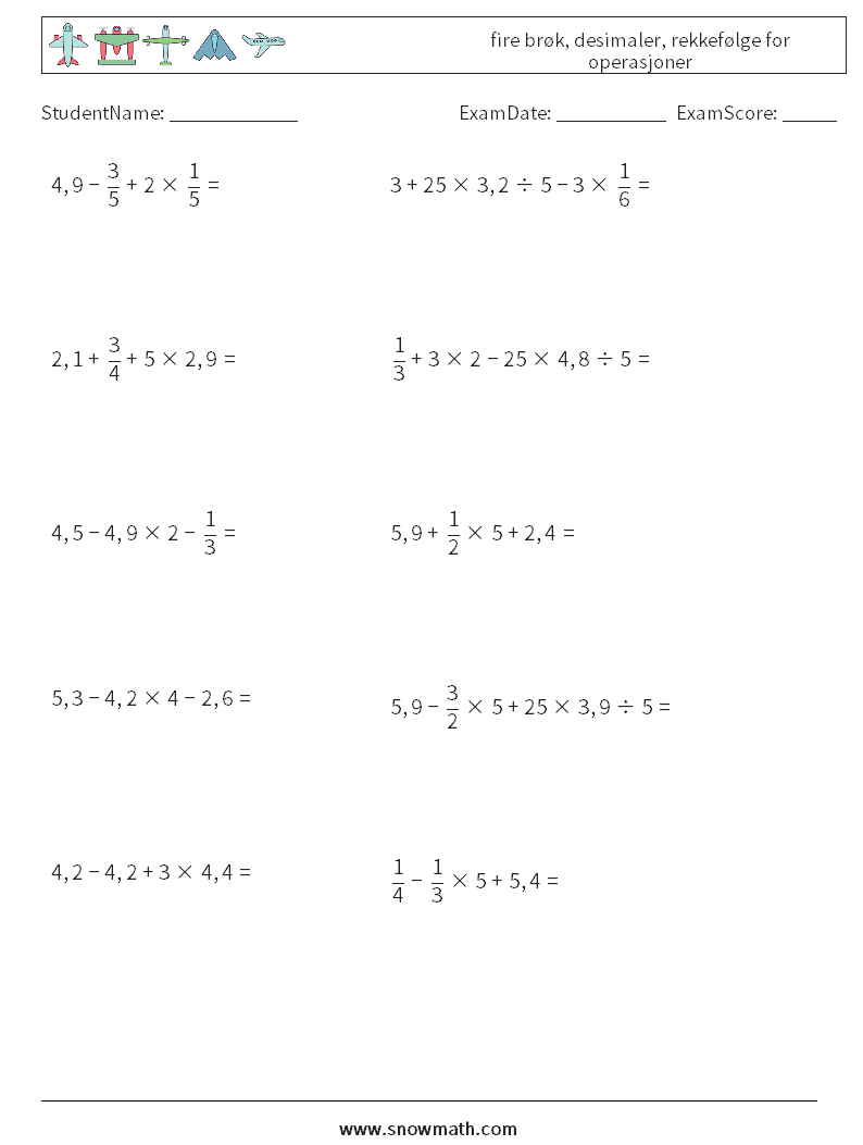 (10) fire brøk, desimaler, rekkefølge for operasjoner MathWorksheets 9