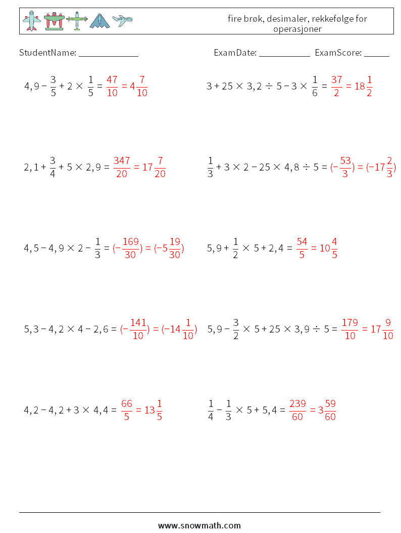 (10) fire brøk, desimaler, rekkefølge for operasjoner MathWorksheets 9 QuestionAnswer