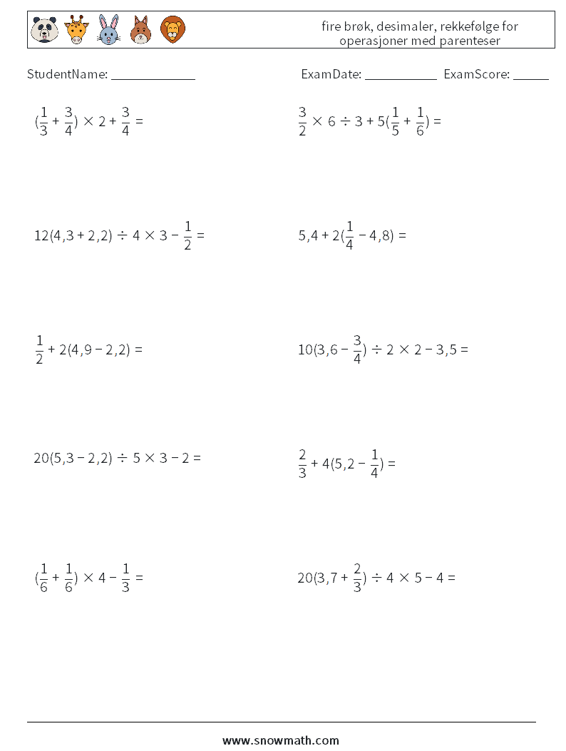 (10) fire brøk, desimaler, rekkefølge for operasjoner med parenteser MathWorksheets 1