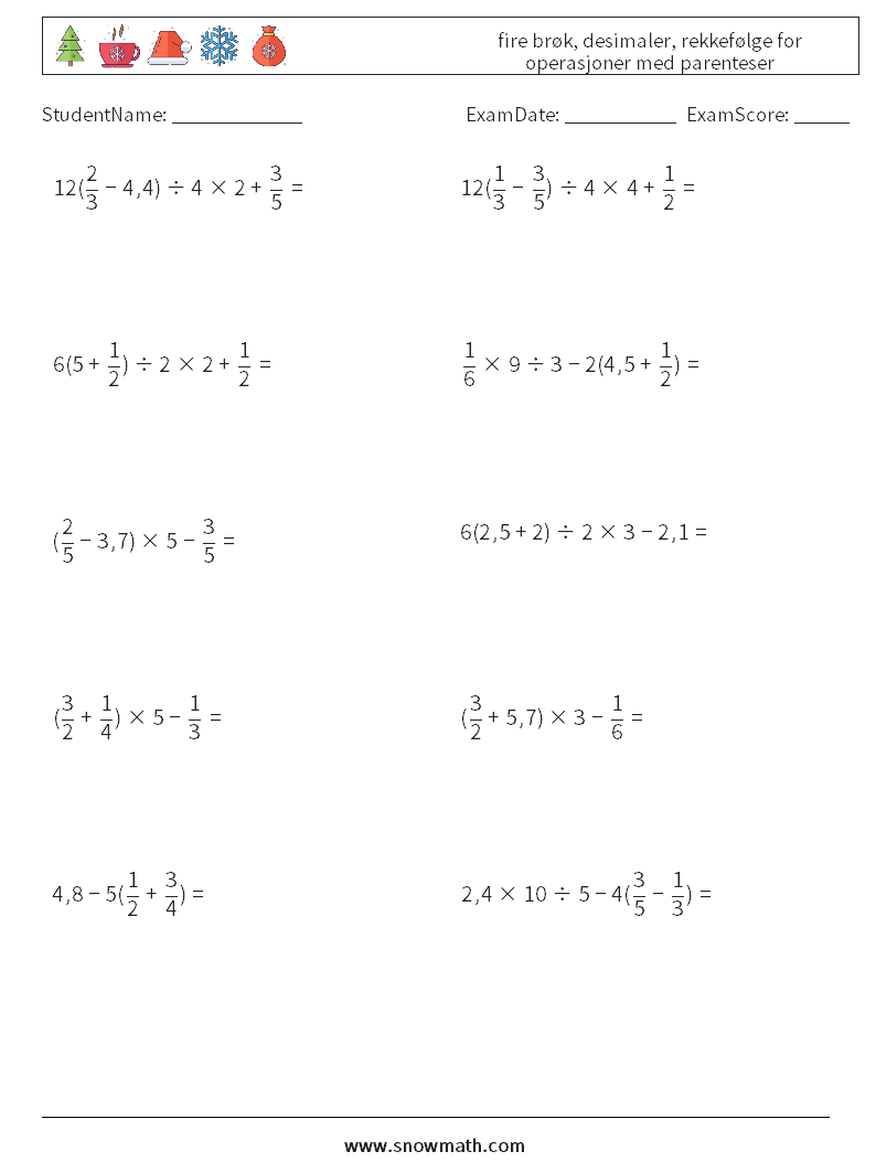 (10) fire brøk, desimaler, rekkefølge for operasjoner med parenteser MathWorksheets 10